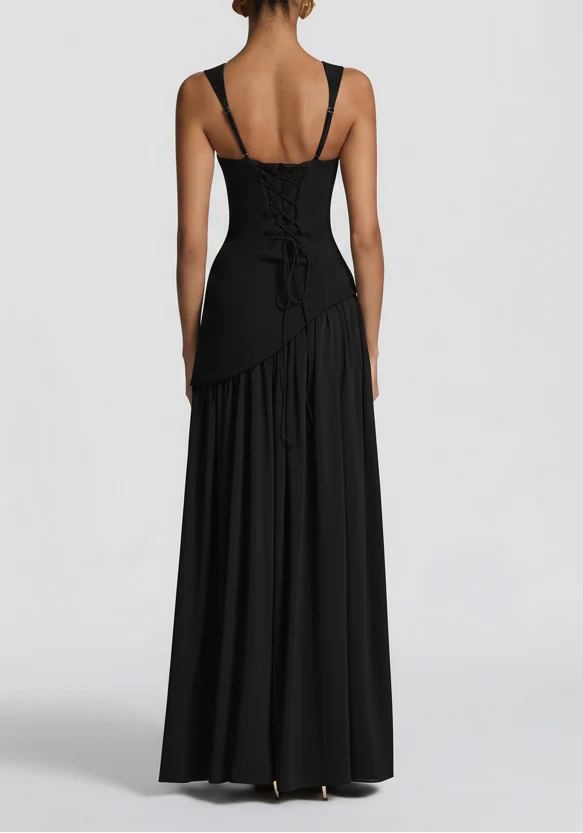 Front view of Women's Black Maxi Dress showing structured square neckline and flowing pleated skirt with dramatic slit