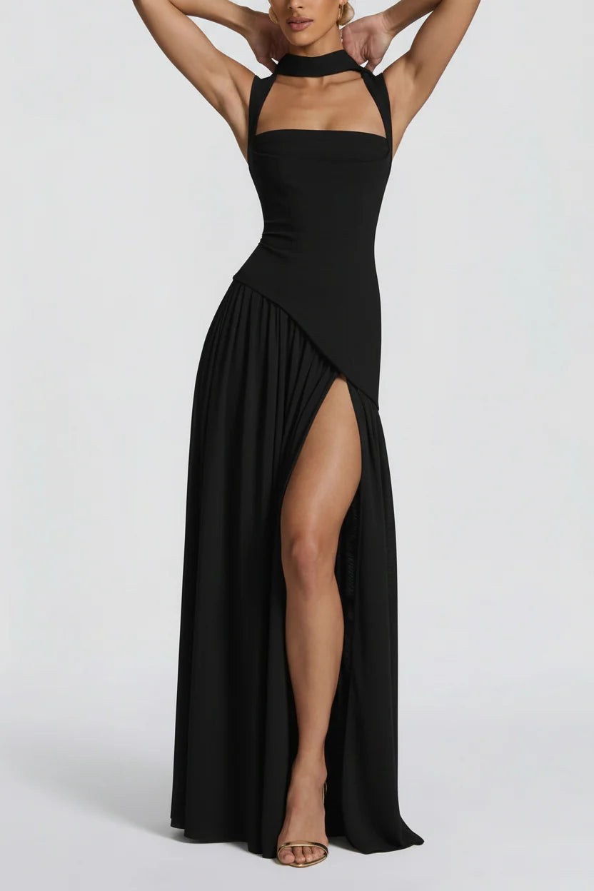Close-up of Women's Black Maxi Dress halter choker strap and wide shoulder straps with fitted bodice construction