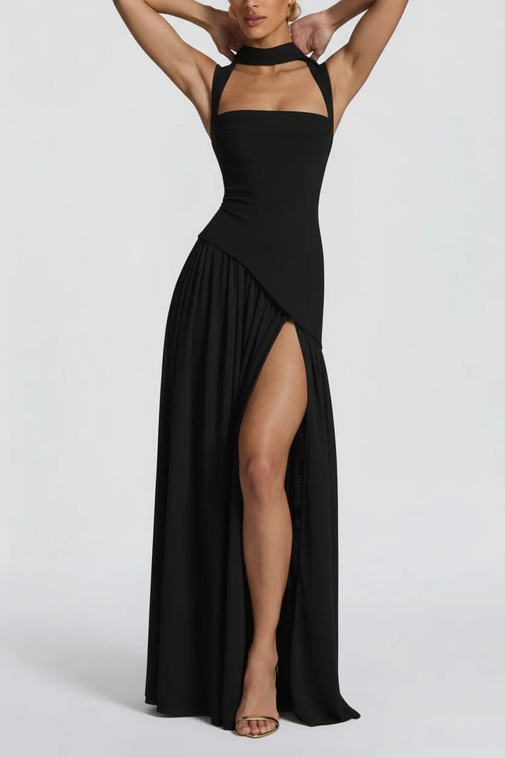 Close-up of Women's Black Maxi Dress halter choker strap and wide shoulder straps with fitted bodice construction