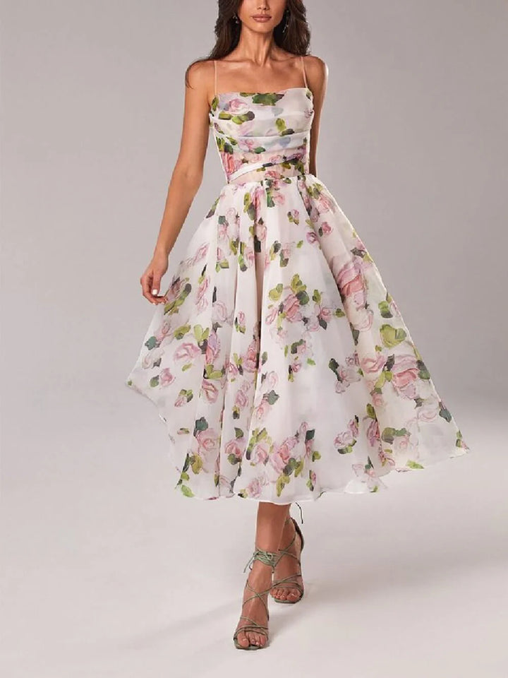 Floral A-Line Midi Dress Spaghetti Strap Draped Neckline with watercolour rose print and full tea-length skirt for garden parties