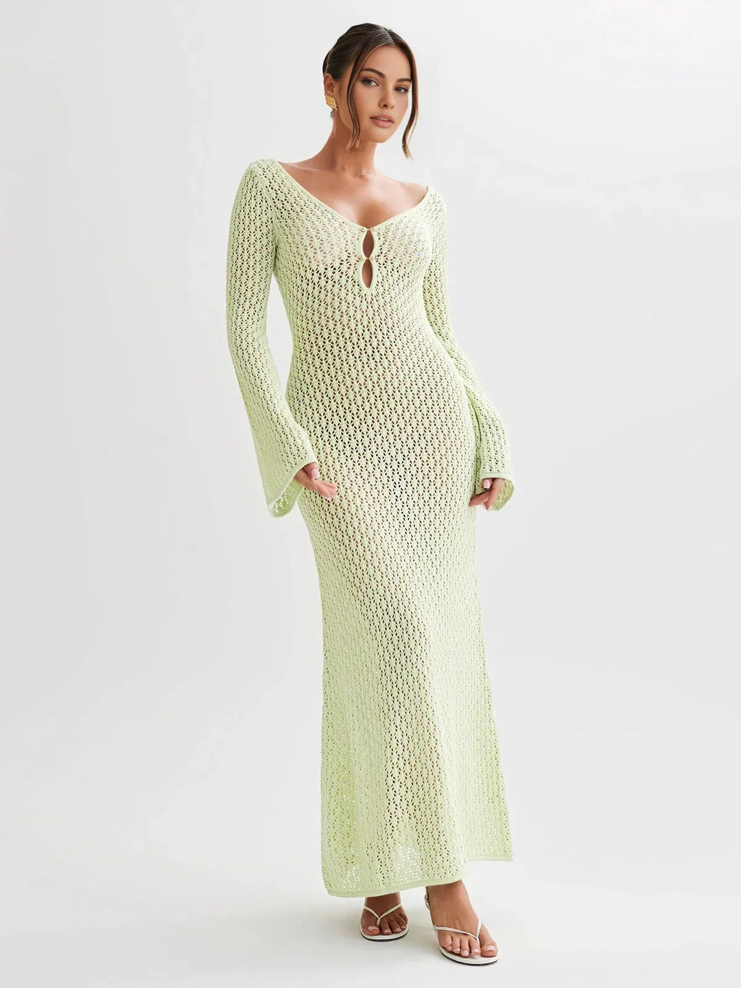 Detail shot of V-neck and adjustable button closure on Lightweight Beach Cover-Up Dress