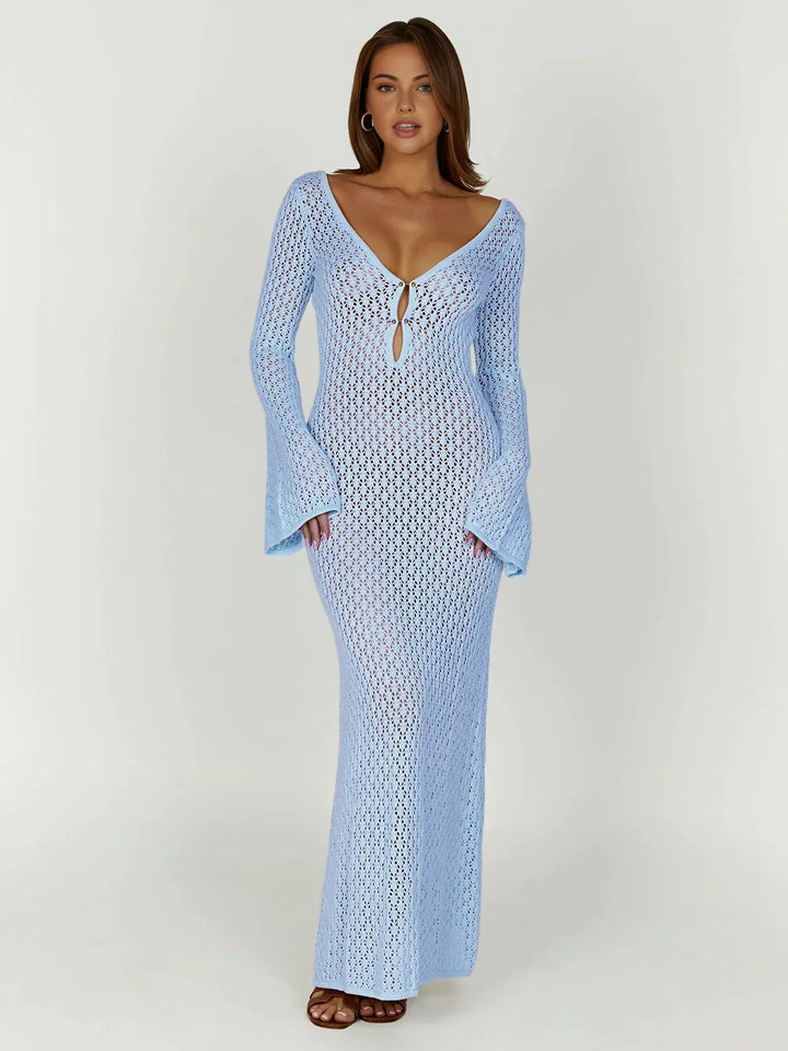 Full-length view of Lightweight Beach Cover-Up Dress showing airy open-knit fabric