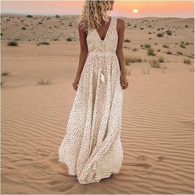 Women's Boho Sleeveless V Neck Maxi Dress Regular price in cream with dotted pattern and flowing silhouette