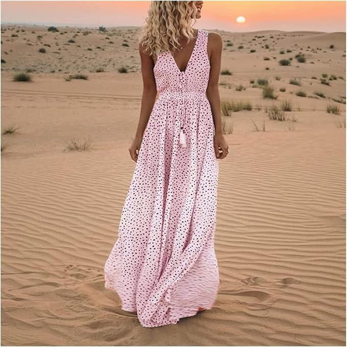 Side view of sleeveless V neck maxi dress showing gathered waist and floor-length hem