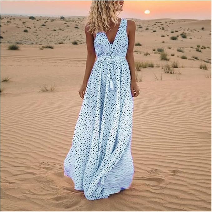 Close-up of V neckline and delicate dotted pattern on boho maxi dress