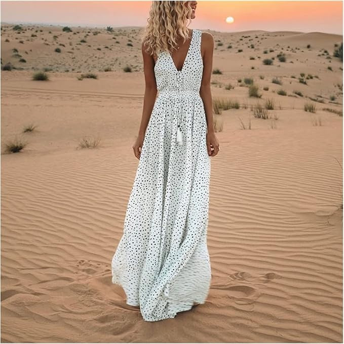 Full-length view of flowing maxi dress with relaxed fit and sleeveless design