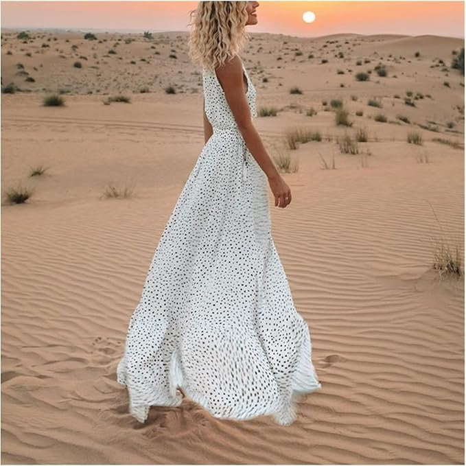 Detail of gathered waist and soft drape on women's boho maxi dress
