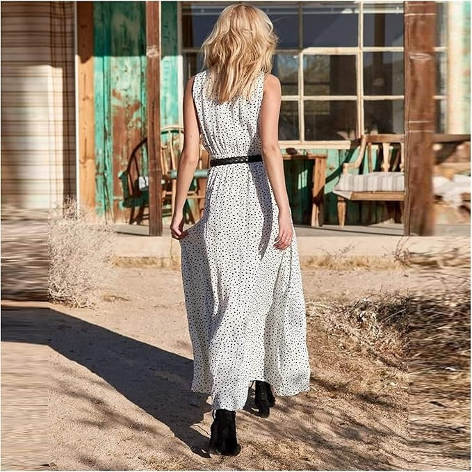 Back view of sleeveless maxi dress showing flowing skirt and comfortable fit