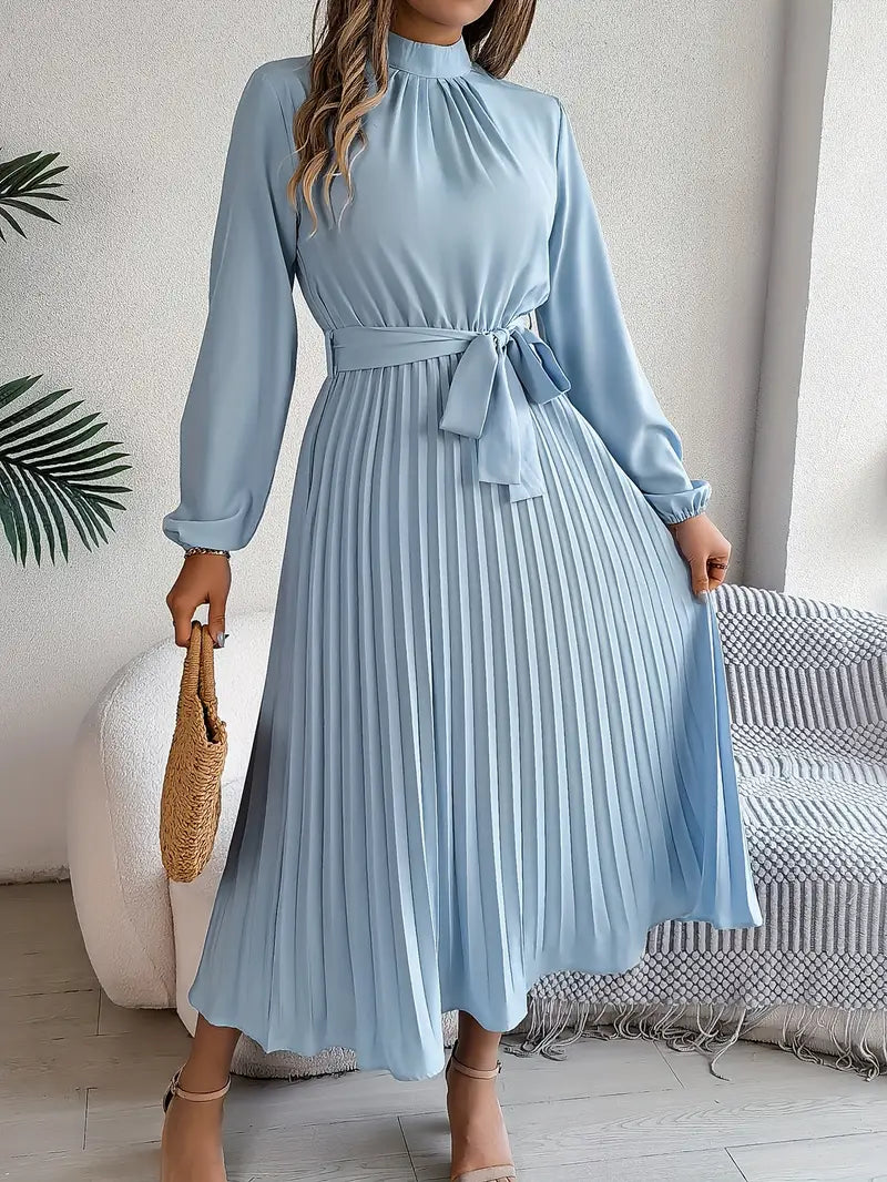Women's Long Sleeve Pleated Belted Dress in light blue with high mock neckline and accordion pleated midi skirt