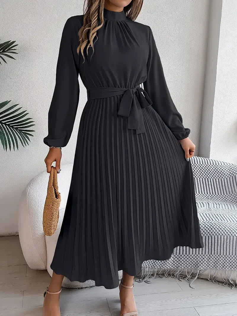 Women's Long Sleeve Pleated Belted Dress in khaki tone with high neckline and tie waist