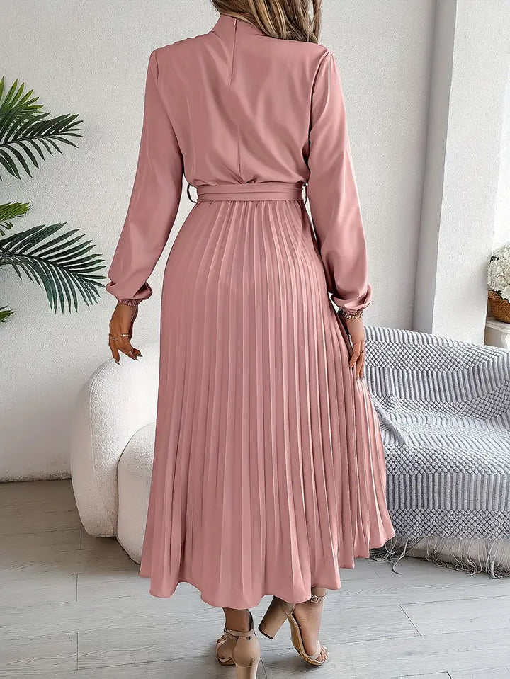 Women's Long Sleeve Pleated Belted Dress in green colourway with matching fabric belt
