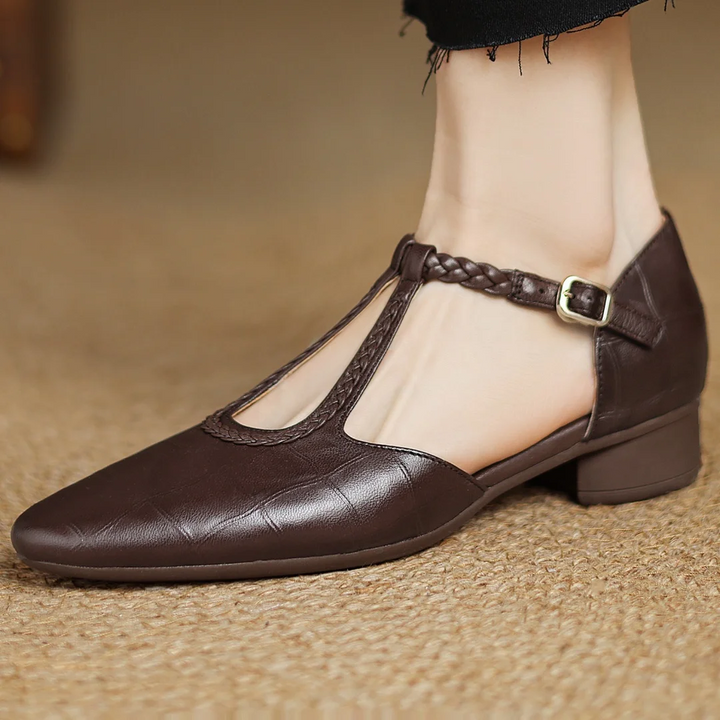 Overhead view of brown Mary Janes with pointed toe and stitched pattern detailing