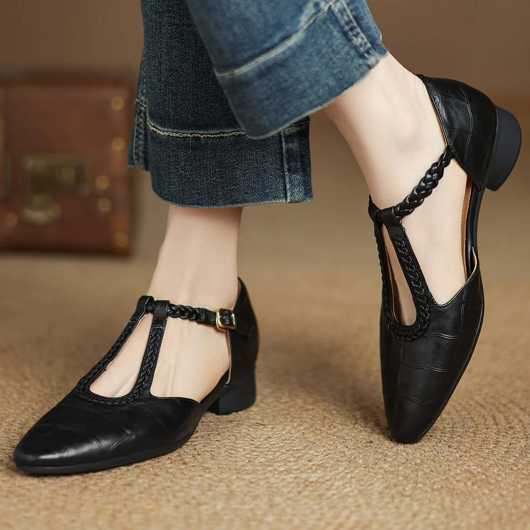 Front view of pointed toe Soft Leather Mary Janes with visible stitching pattern