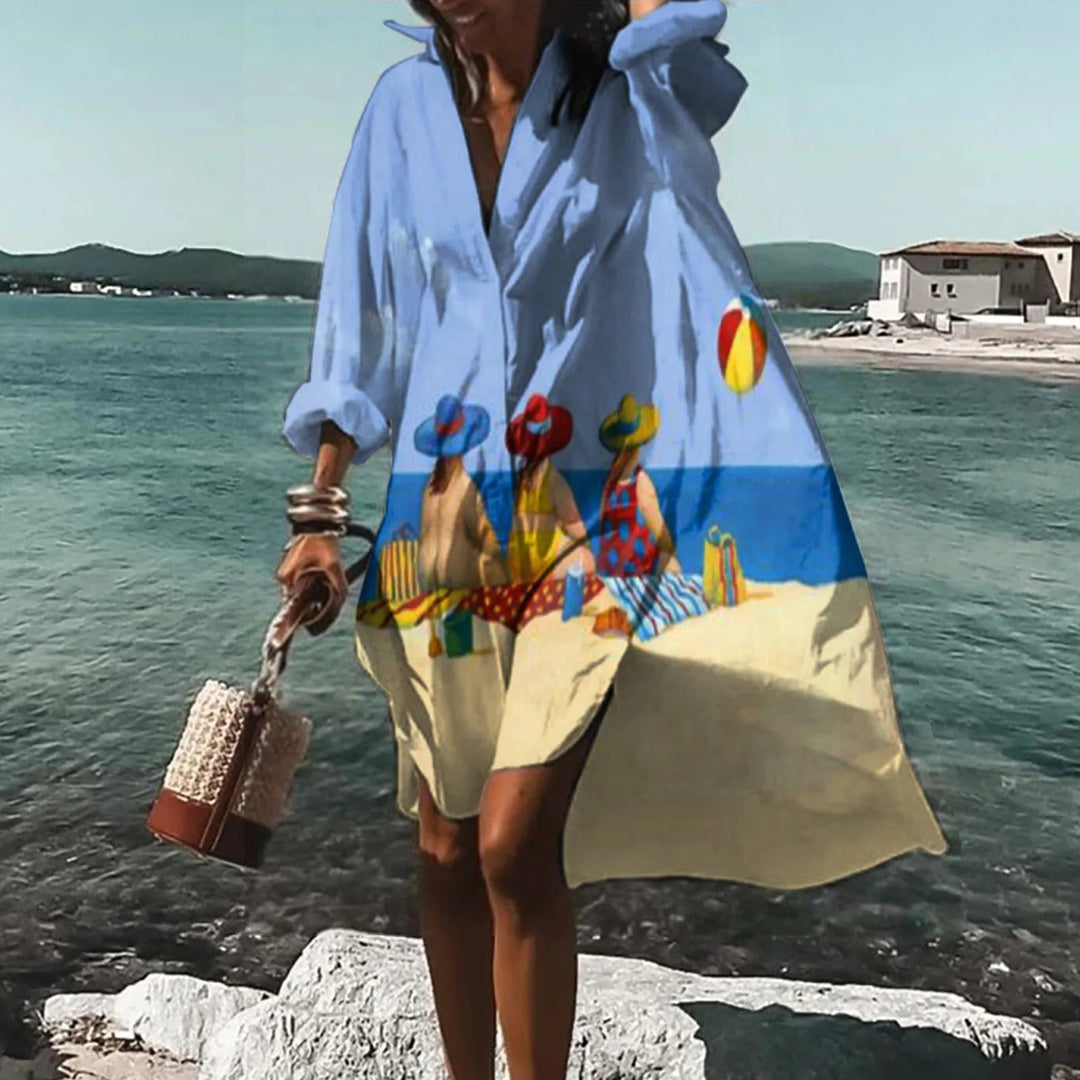 Woman styling a Women's Summer Casual Shirt Dress with sandals for a beach outing