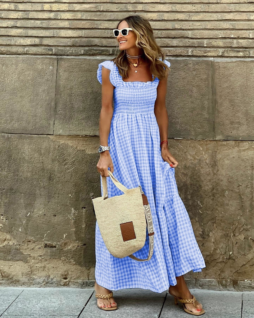 Close-up view of the smocked bodice and square neckline on the Elegant Summer Maxi Dress Gingham