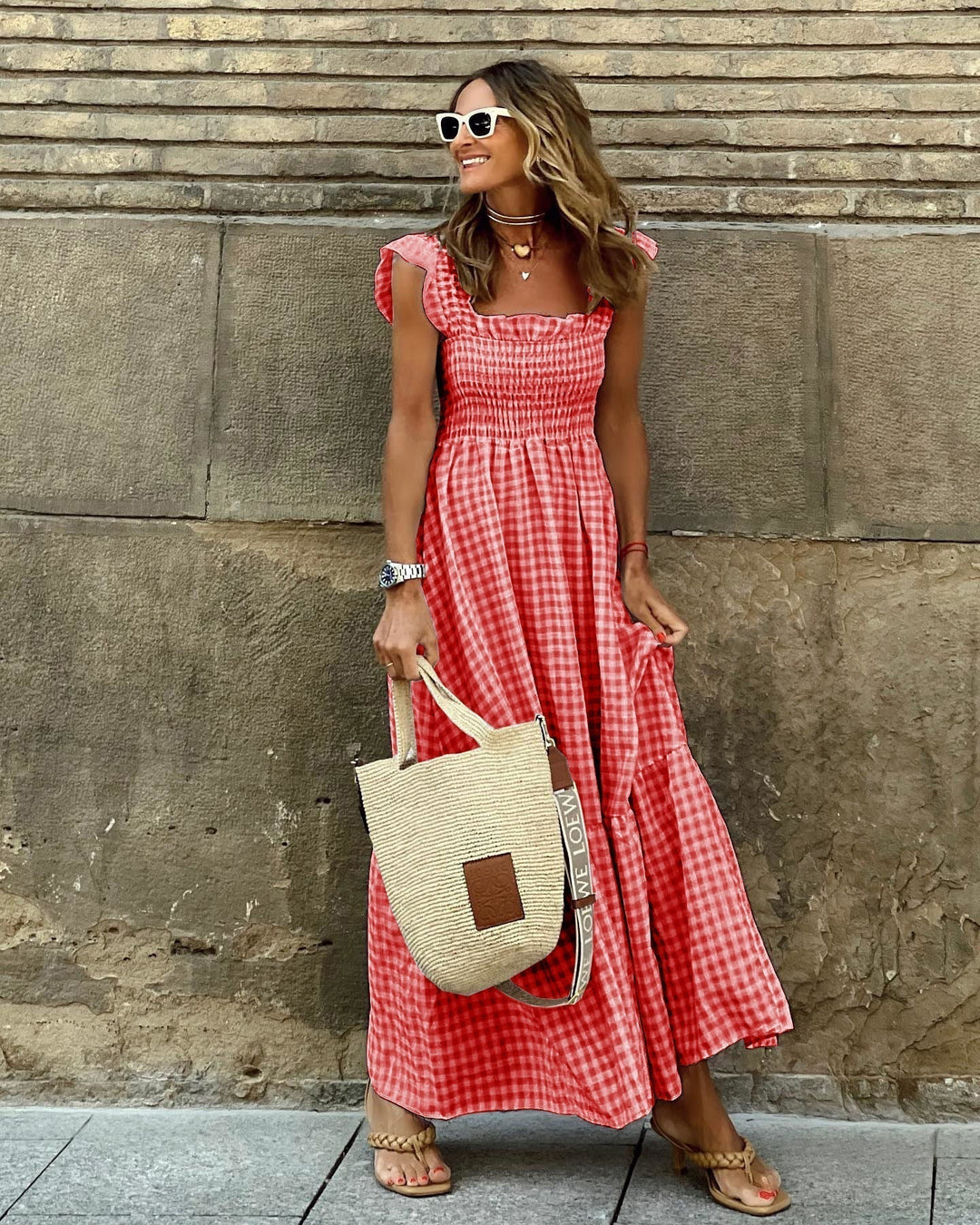 Side angle of the Elegant Summer Maxi Dress Gingham displaying the relaxed fit and ankle-length hem