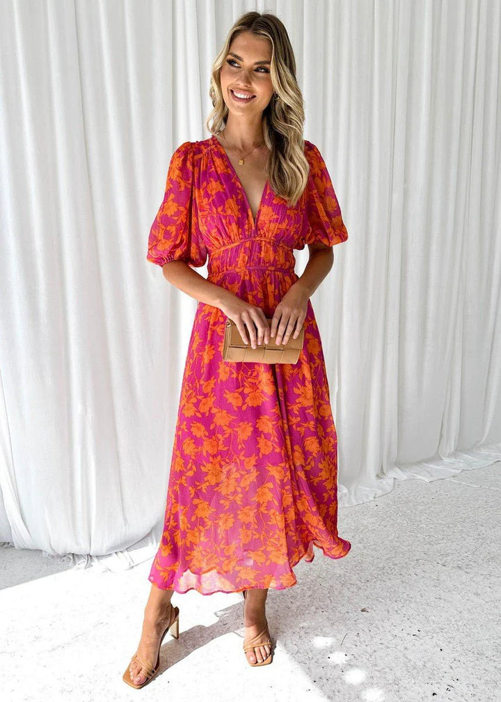 Women's Floral Midi Dress Puff Sleeves V-Neck in vibrant pink and orange floral print with elasticated waist