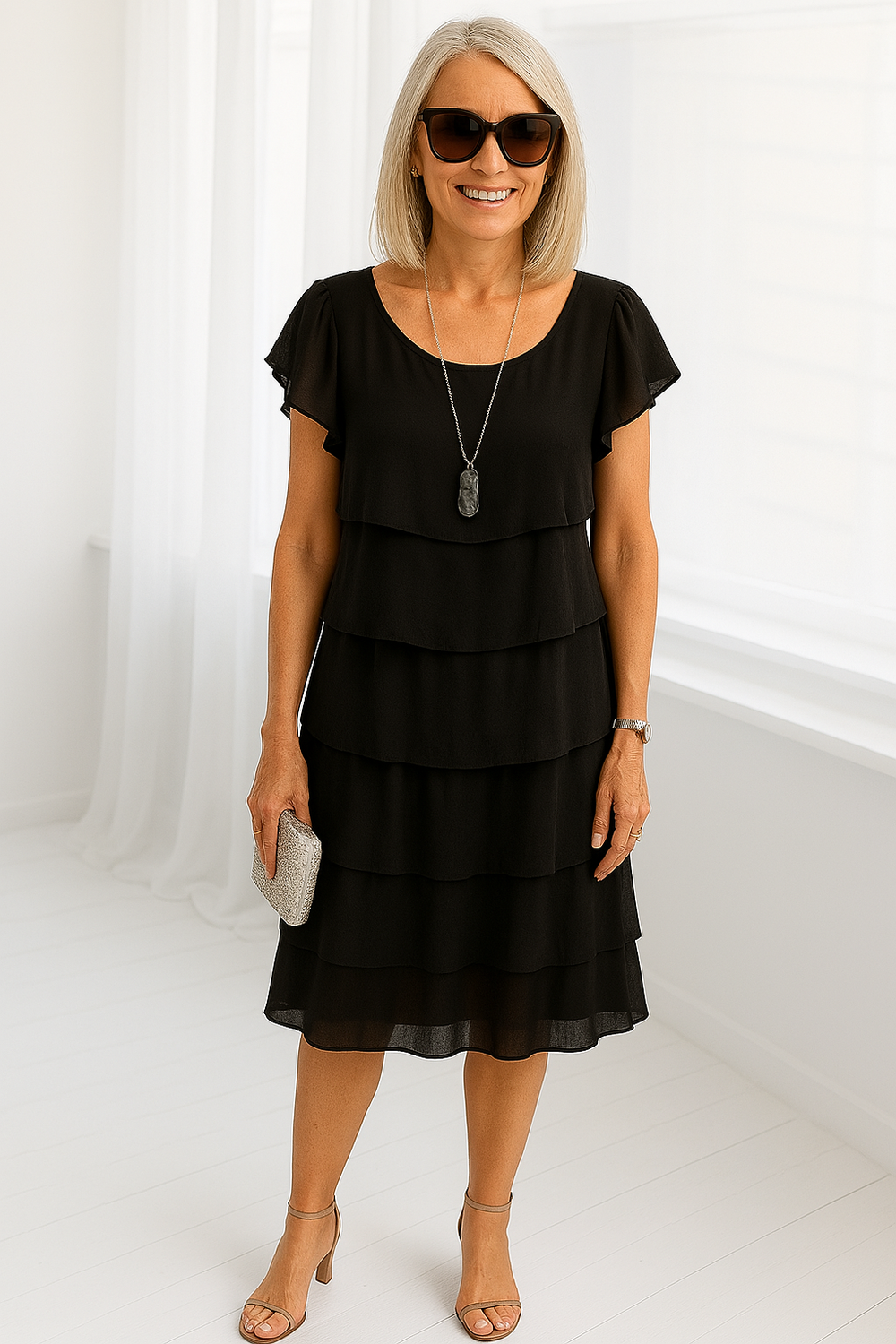 Close-up view of the Women's Layered Midi Dress showing the cascading tiered layers and smooth fabric drape