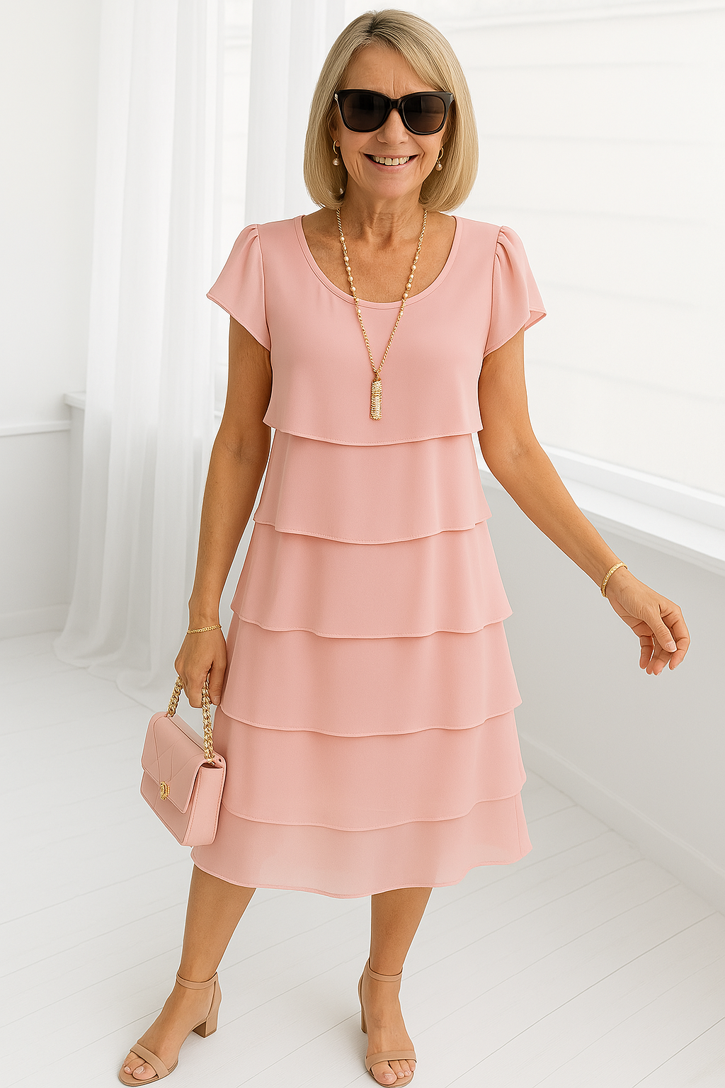 Detail shot of the flutter sleeves and scoop neckline on the Women's Layered Midi Dress