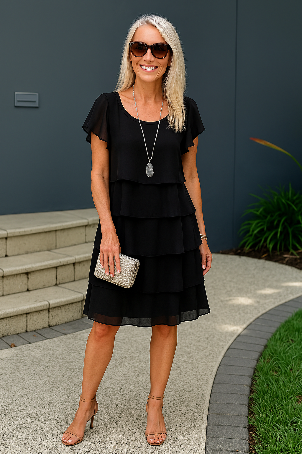 Back view of the Women's Layered Midi Dress displaying the tiered skirt movement and overall silhouette