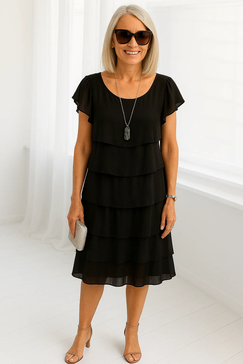 Close-up view of tiered midi dress showing multiple horizontal layers and scoop neckline detail
