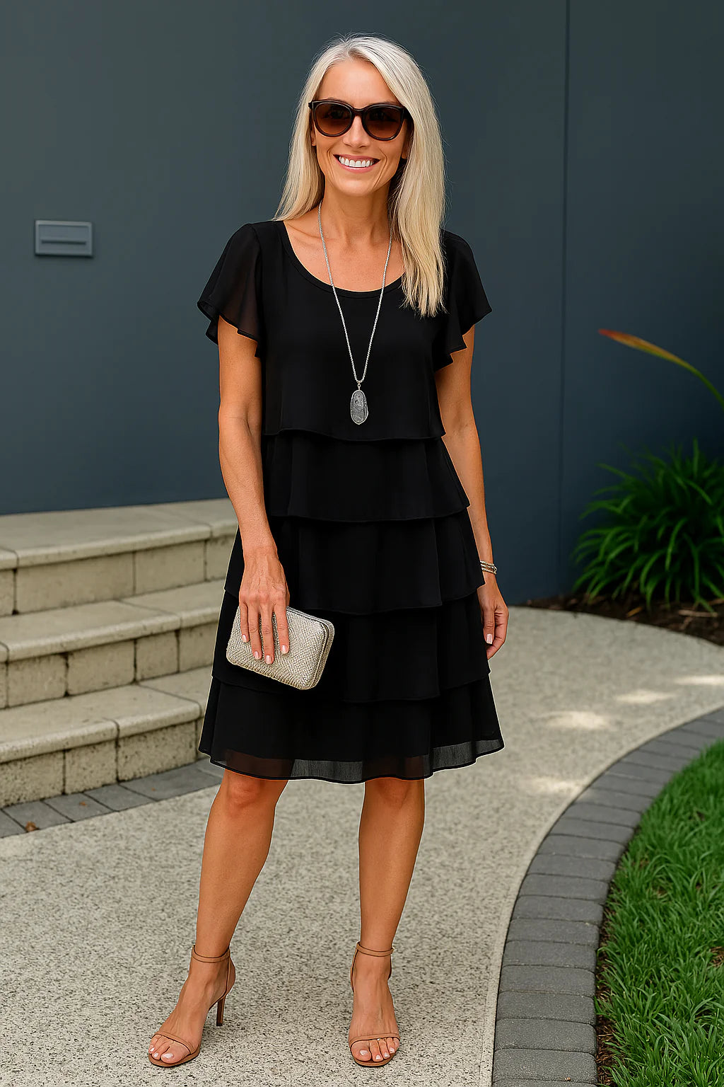 Detail shot of tiered midi dress fabric showing smooth drape and layered construction