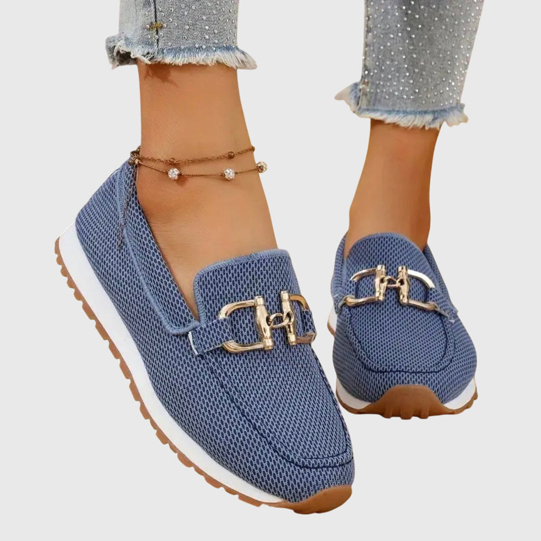 Women Orthopedic Mesh Loafers in blue with decorative buckle and white contrast sole