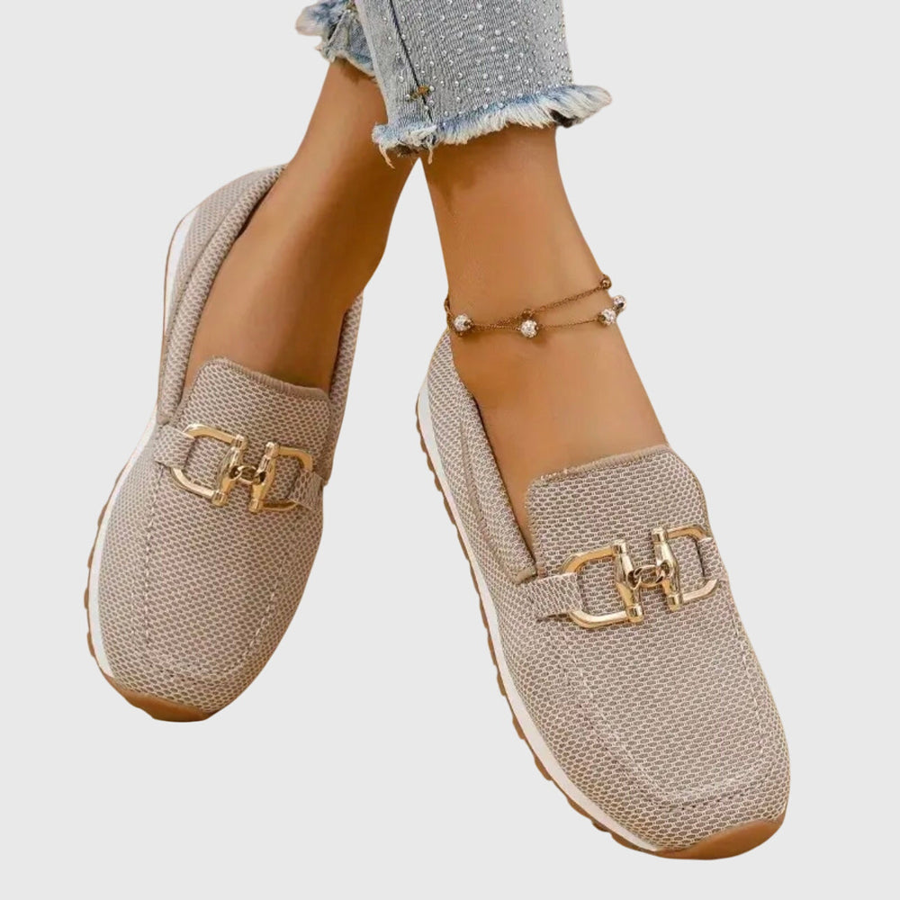Close-up view of Women Orthopedic Mesh Loafers showing breathable mesh texture and metal buckle detail