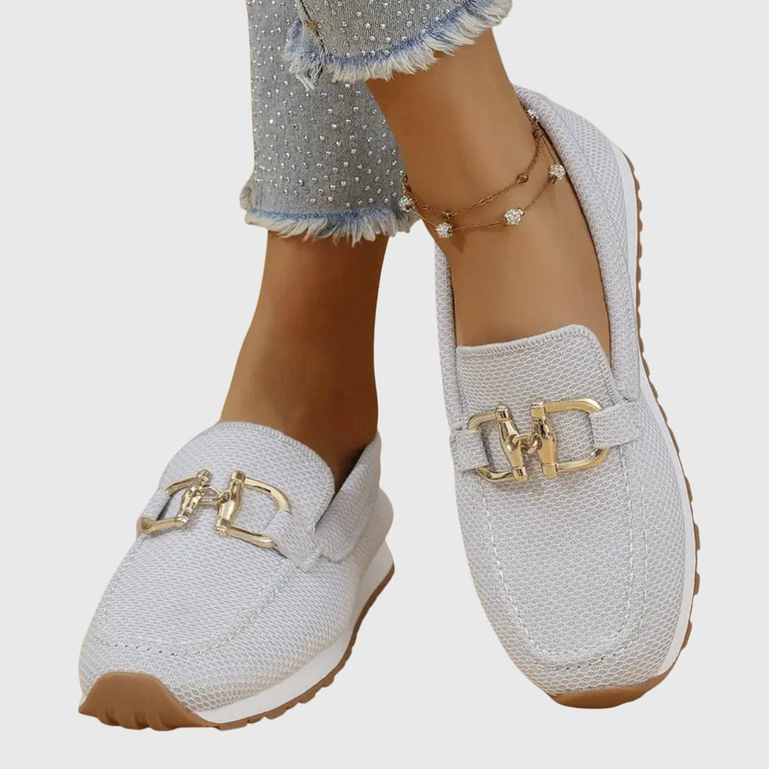 Women Orthopedic Mesh Loafers worn with distressed jeans showing slip-on design and comfortable fit