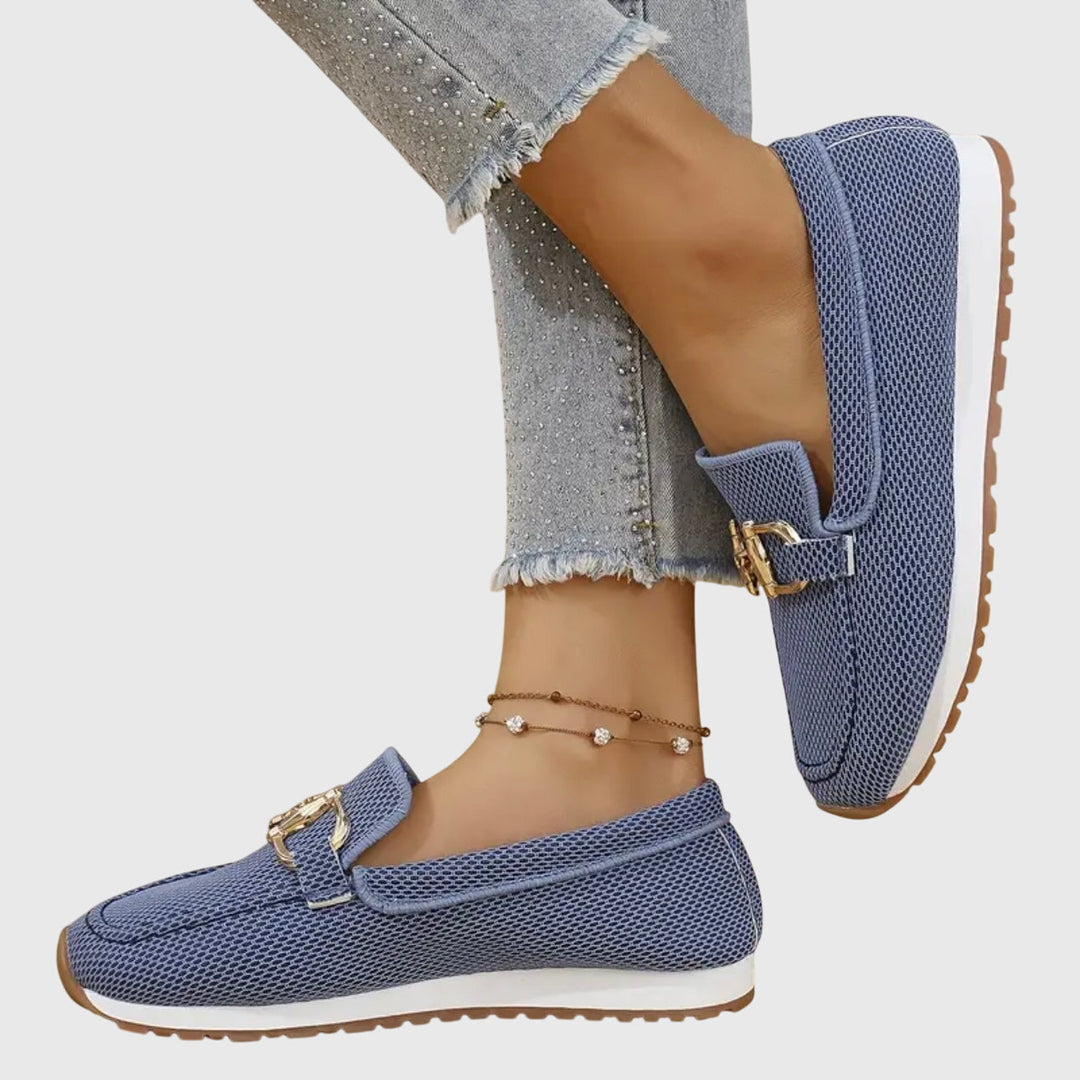 Detail shot of Women Orthopedic Mesh Loafers buckle hardware and mesh upper construction