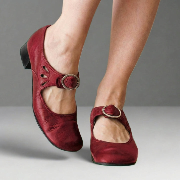 Side profile of Women's Orthopedic Mary Jane Comfort Shoes displaying low block heel and supportive structure
