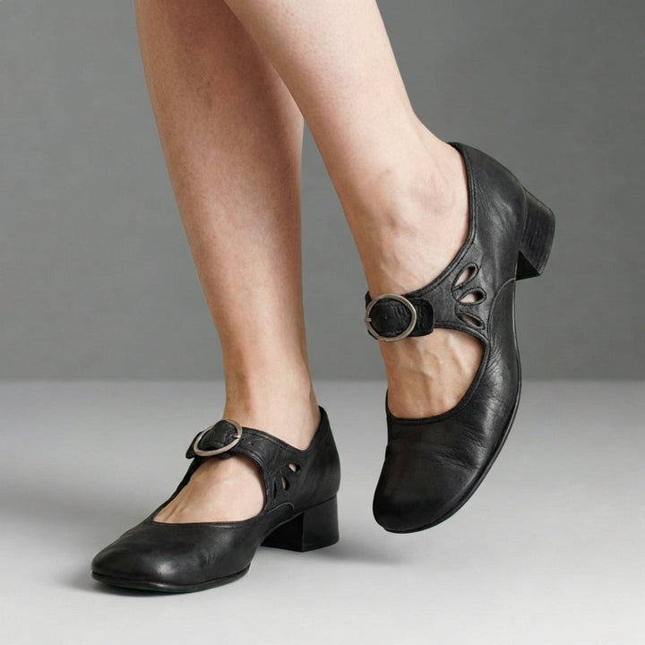 Detail shot of Women's Orthopedic Mary Jane Comfort Shoes buckle strap and smooth upper finish