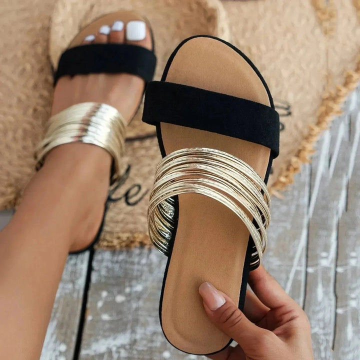 Women's Orthopedic Sandals Slip-On Comfort Arch Support with black fabric straps and metallic toe detail on contoured footbed