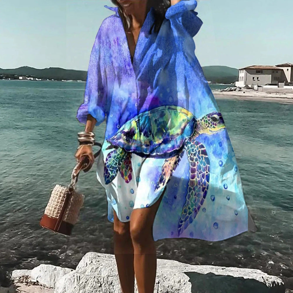Close-up view of Women's Summer Casual Shirt Dress showing button-front detail and V-neckline with botanical pattern