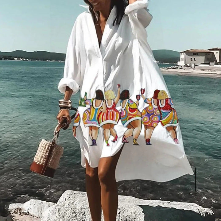 Side view of Women's Summer Casual Shirt Dress displaying loose flowing shape and knee-length hem