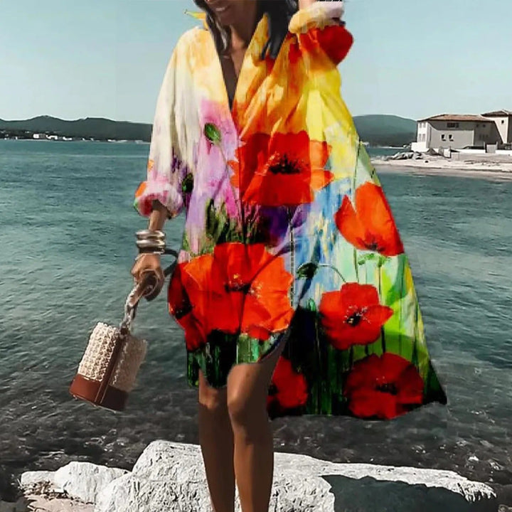 Full-length view of Women's Summer Casual Shirt Dress showing relaxed fit and botanical print design