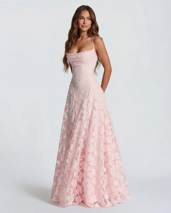Floral lace maxi dress with spaghetti straps and straight neckline in soft pink