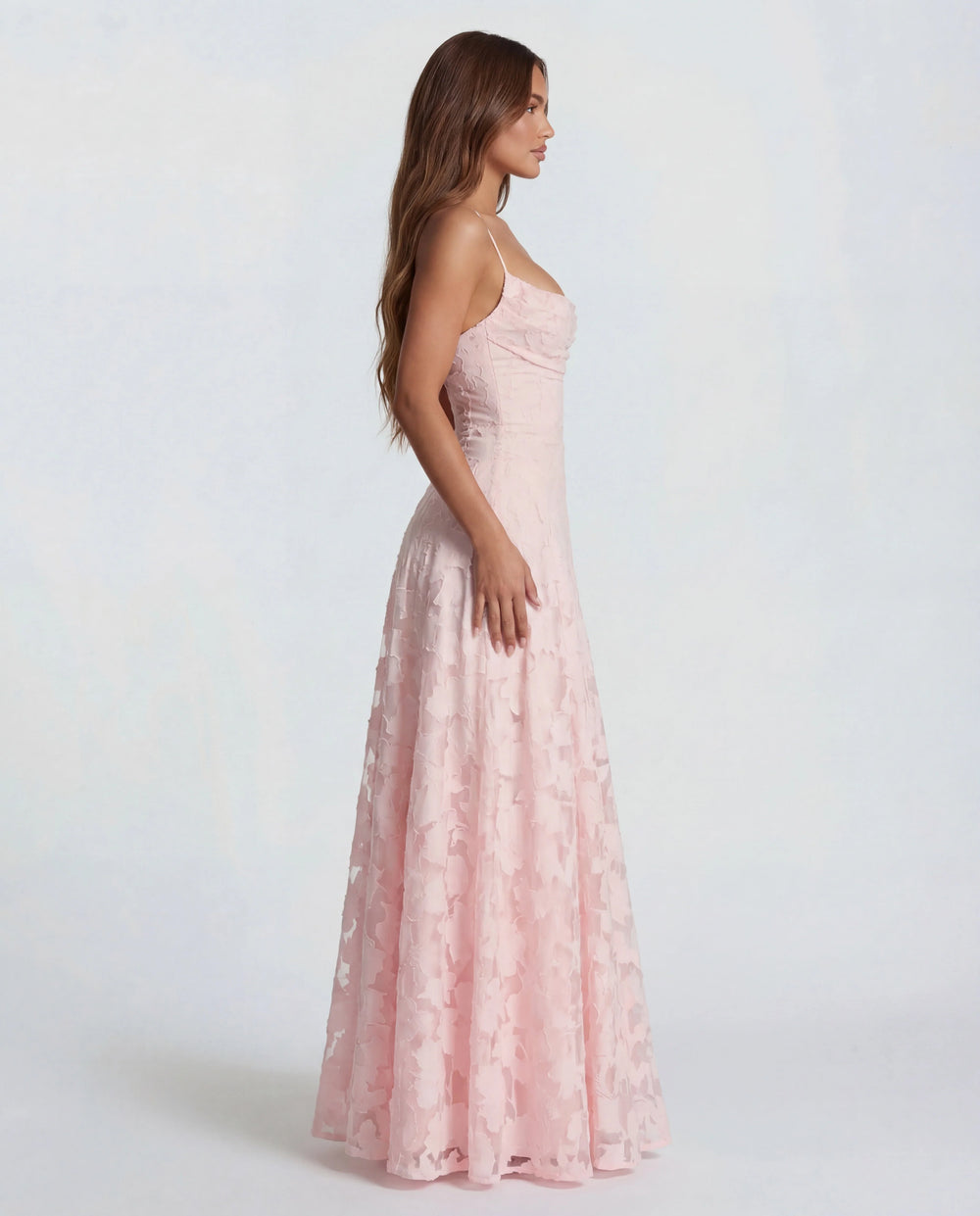Full-length view of floral appliqué lace maxi dress with flowing A-line skirt