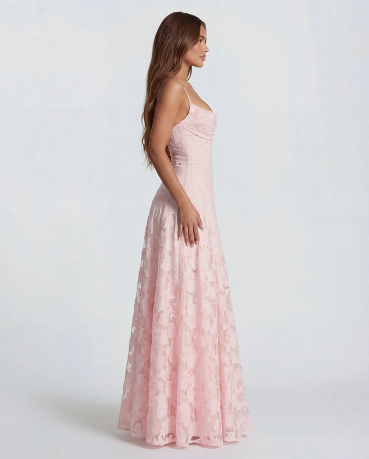 Full-length view of floral appliqué lace maxi dress with flowing A-line skirt
