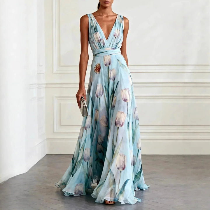 Floral maxi dress with deep V-neckline and watercolour tulip print in soft blue tones