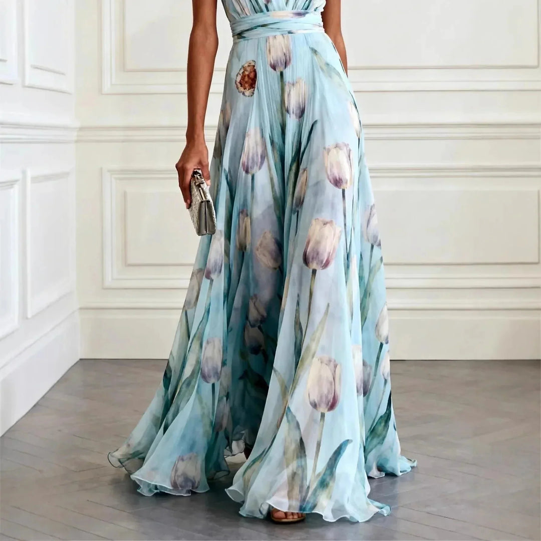 Flowing chiffon maxi dress featuring wrapped waist detail and floor-length skirt