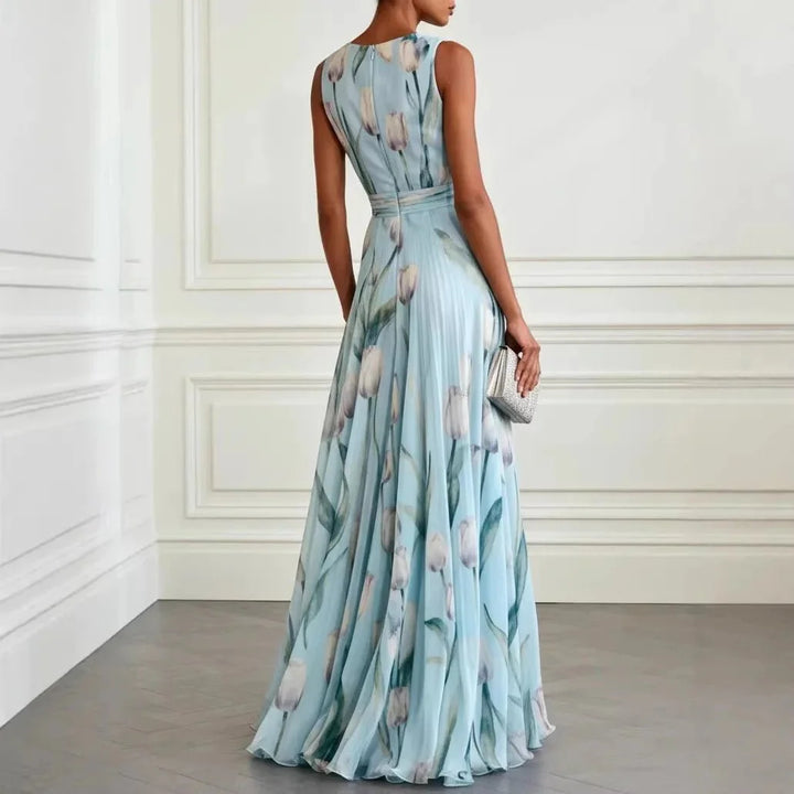 V-neck floral dress with sleeveless design and A-line silhouette for formal occasions