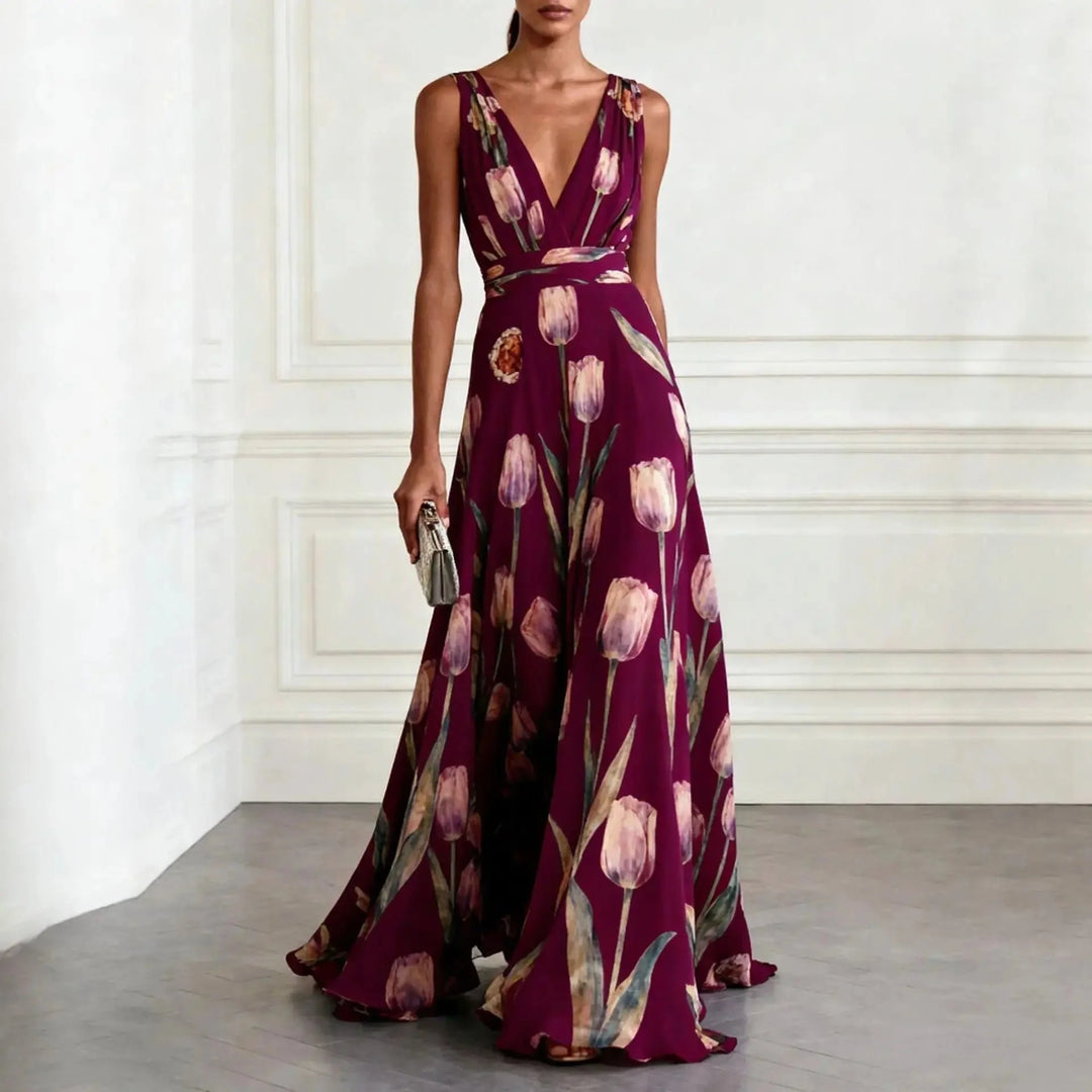 Watercolour tulip print maxi dress with gathered bodice and flowing chiffon fabric