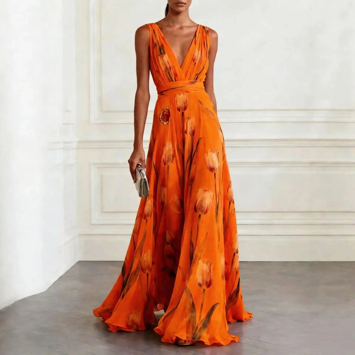 Elegant maxi dress with crossover neckline and lightweight chiffon construction