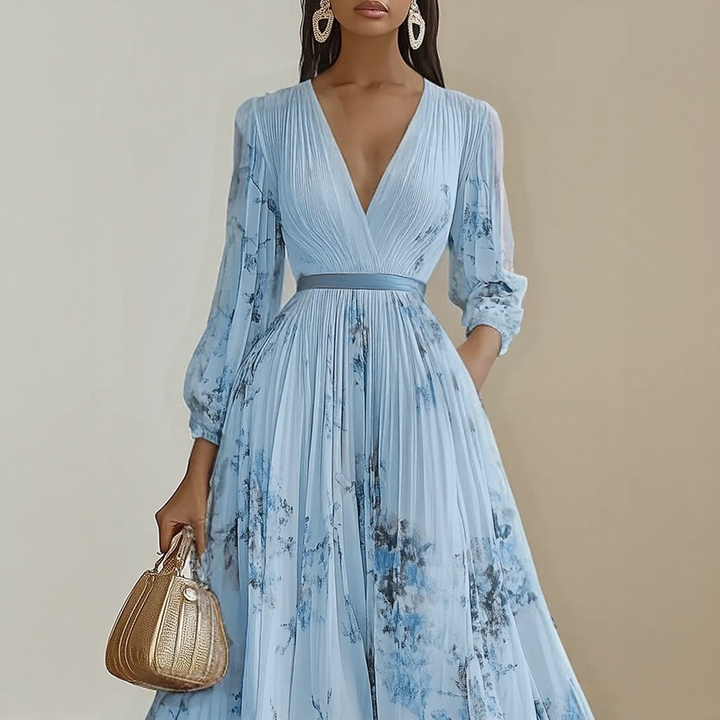 Purple Elegant Pleated Maxi Dress showing ribbon-tie waist and flowing silhouette on model