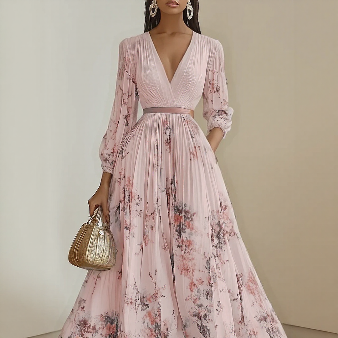 Model twirling in Elegant Pleated Maxi Dress showing full skirt movement and drape