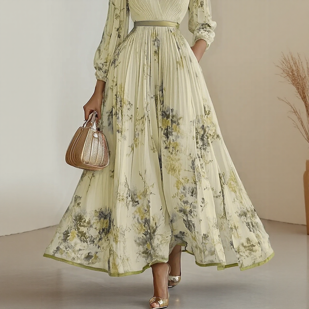 Elegant Pleated Maxi Dress worn with accessories showing complete formal outfit styling