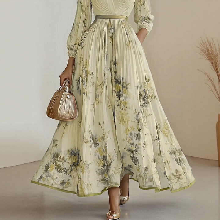 Elegant Pleated Maxi Dress worn with accessories showing complete formal outfit styling