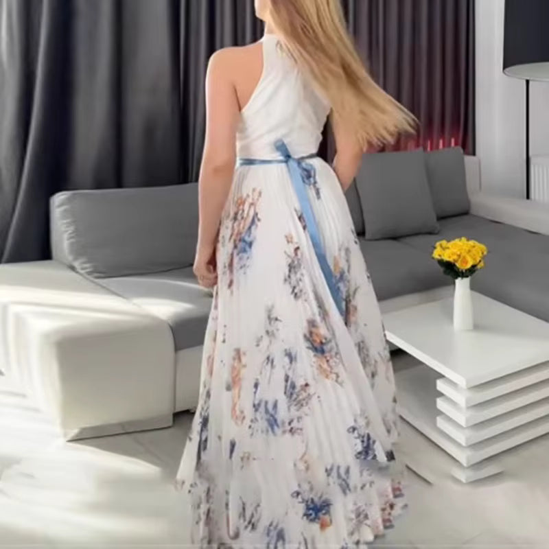 Detail of Elegant Pleated Maxi Dress waist ribbon tie and pleated skirt attachment