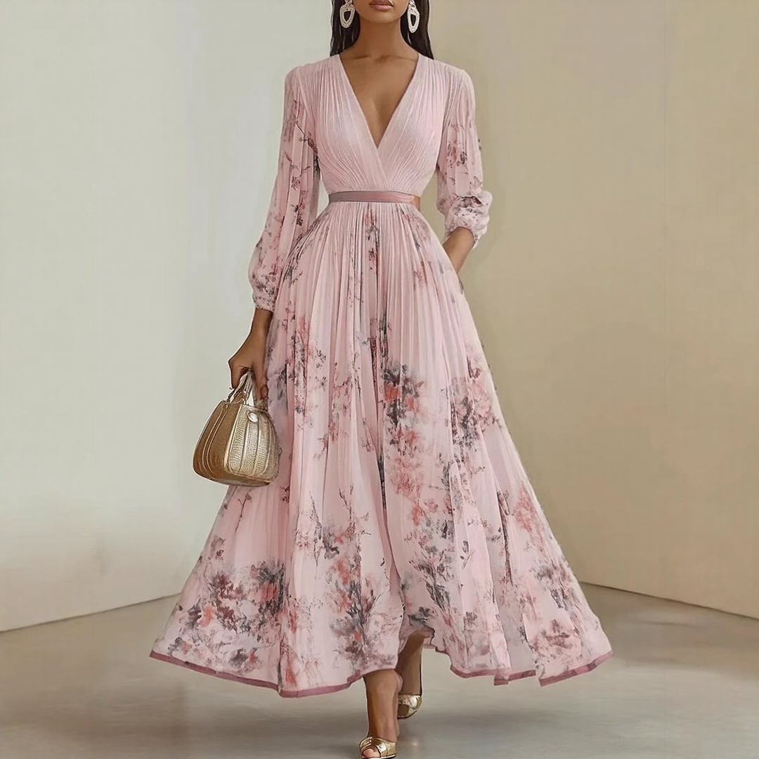 Close-up of Elegant Pleated Maxi Dress showing pleated bodice and ribbon-tie waist detail